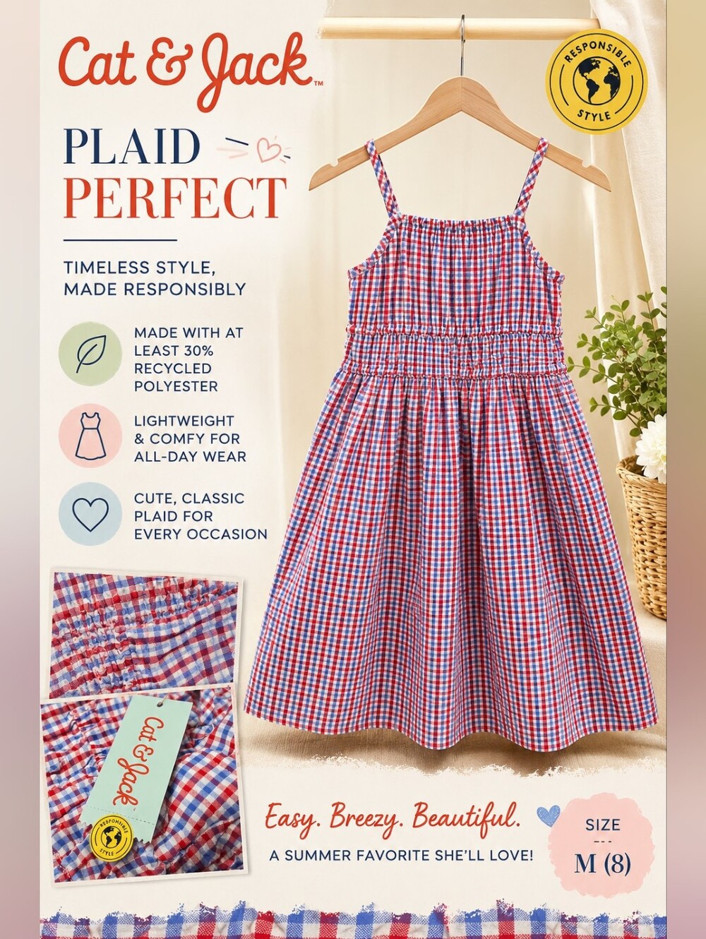 Cat & Jack Red, White and Blue Plaid Dress with Smocked Bodice